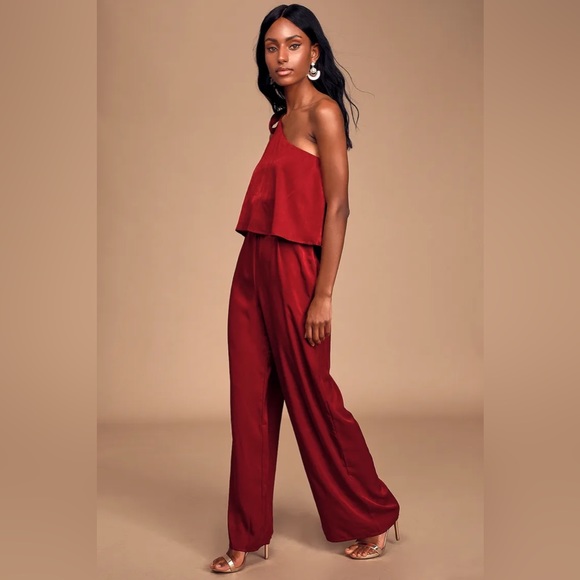 Lulus Pants - NWT Bold Behavior Wine Red Satin One-Shoulder Jumpsuit